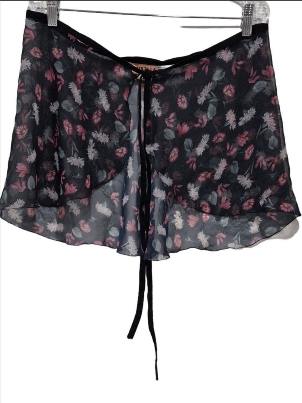 Mirella Black Dancewear Sheer Floral Tie-Front with Pink & Gray Flowers